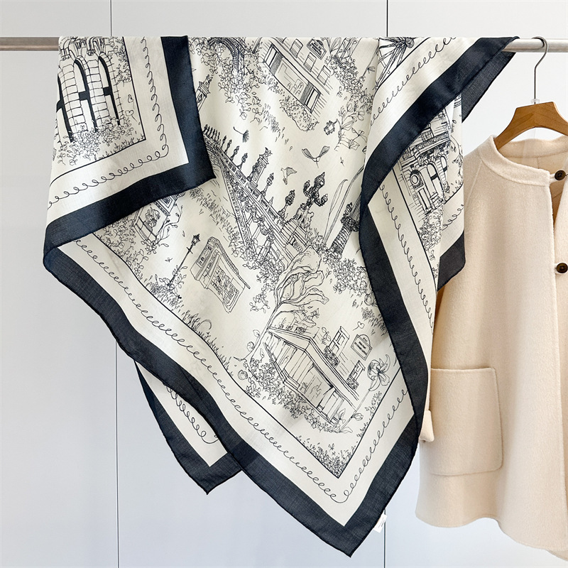 High-End Silk Wool Scarf for Women, Paris Street Scene, Elegant and Warm Silk Wool Large Square Scarf, Air-Conditioned Room Warm Large Shawl