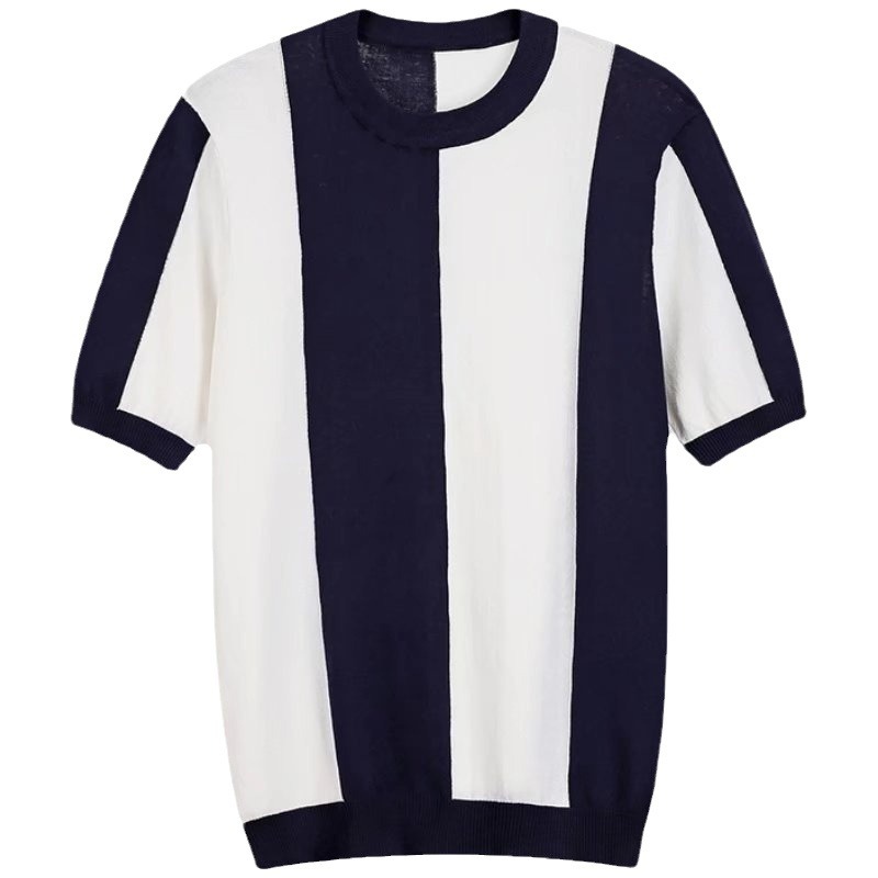 Nueva Camiseta de manga corta de seda de hielo a rayas casual ropa superior de los hombres delgados simples suéter de moda