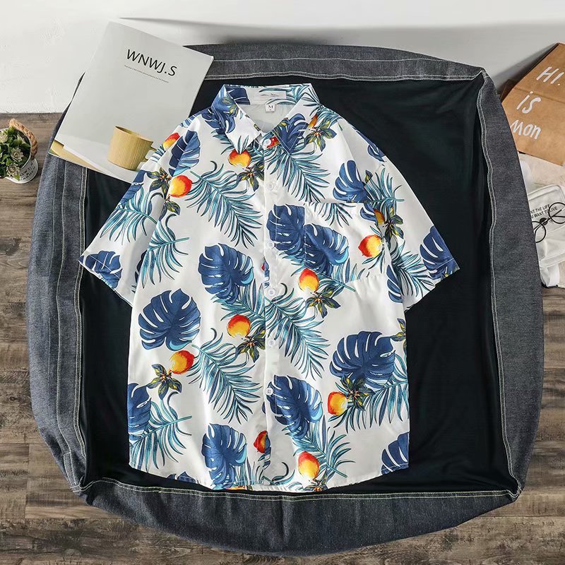 Hawaiian Beach Flower Shirt Short-sleeved Men's Loose Large Size Cardigan Hong Kong Style Retro Ruffian Handsome Shirt Jacket Men