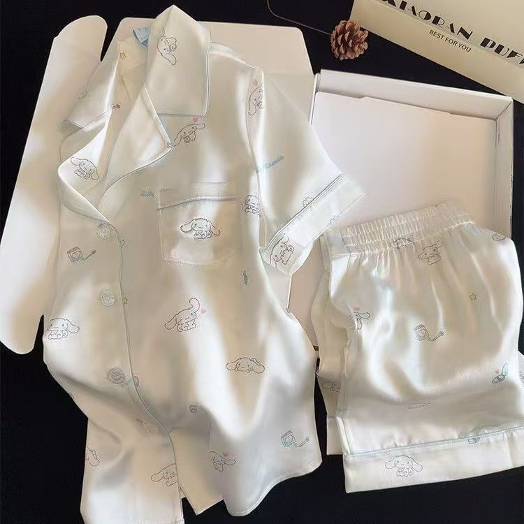 アイスシルクインスタイル漫画シナモンドッグパジャマレディース半袖ショーツは家の服の外で着用できます学生寮ツーピースセット|undefined