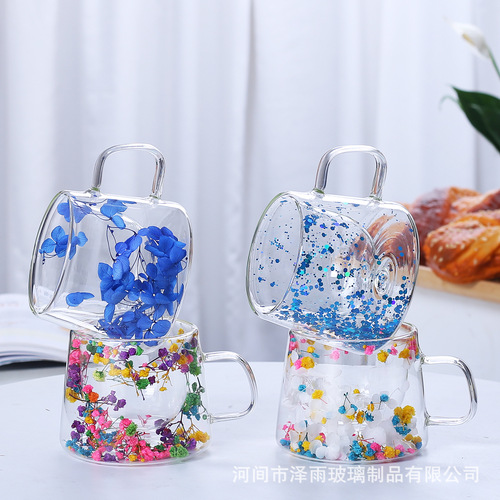 Dry Flower Double-Layer Petal Glass Cup Flow Sand Cup Creative High-Temperature Resistant Transparent Real Flower Borosilicate Coffee Cup