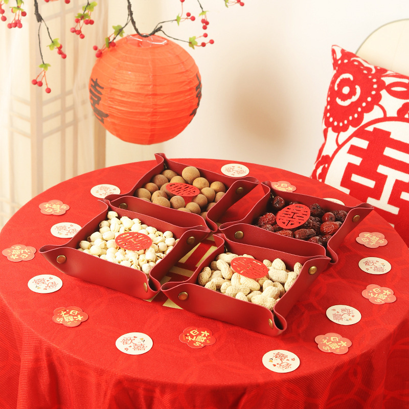 皮質早生貴子果盤婚禮壓床模具喜糖盒果籃結婚紅色乾果盤婚房布置