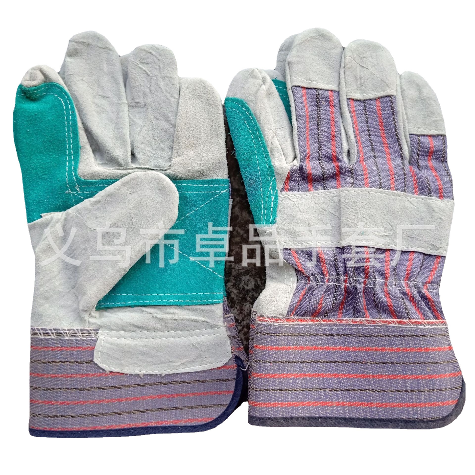 厂家直销BC级兰灰红条纹本色牛皮加托电焊劳保手套