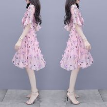 夏季新款女装裙子韩版超火中长款领小香风雪纺碎花连衣裙女