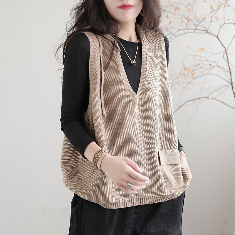 韩版复古新款马甲女2025秋冬针织衫毛衣连帽宽松休闲背心棉线外套