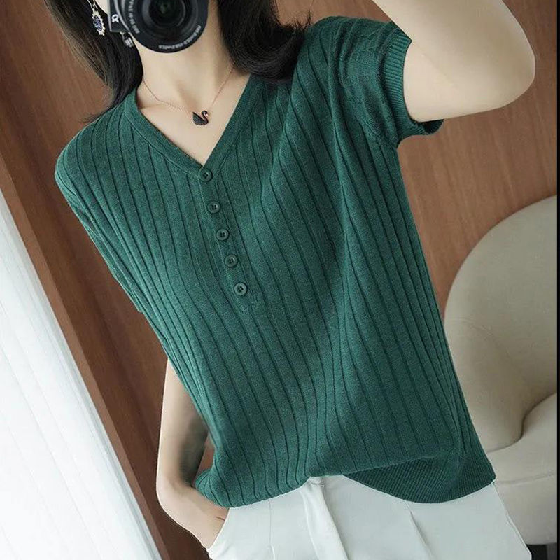 アイスシルク半袖 2025 新しい韓国スタイルの女性用襟付きトップス、多用途、ゆったり、スリム、夏用の薄いボトムセーター|undefined