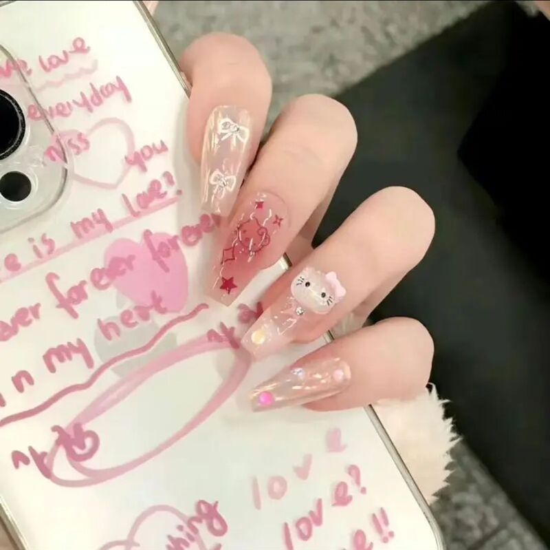 Xiaohongshu's Popular Wearable Nails, Pure Hand-Made Cute Kt Cat Ins Style Whitening Manicure, Removable Fake Nails 10 Pieces