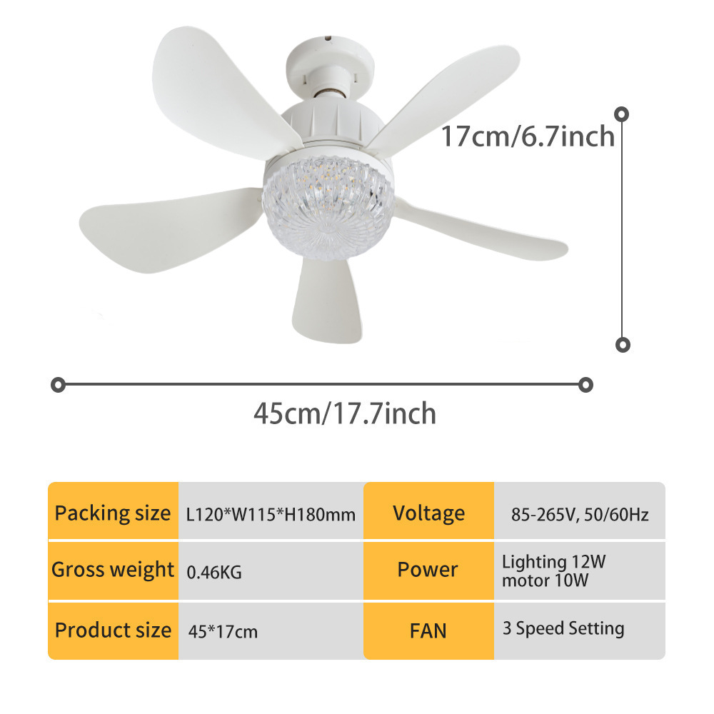 Ventilador de Techo con Luz E27 de ABS Silencioso para Comedor y Dormitorio