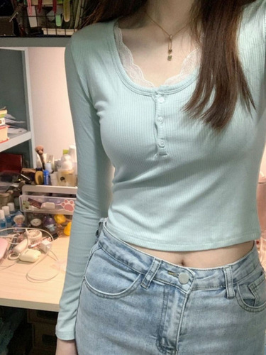 Lace ribbed long-sleeve t-shirt for women, autumn and winter stylish base shirt, innerwear, pure desire short-sleeve top