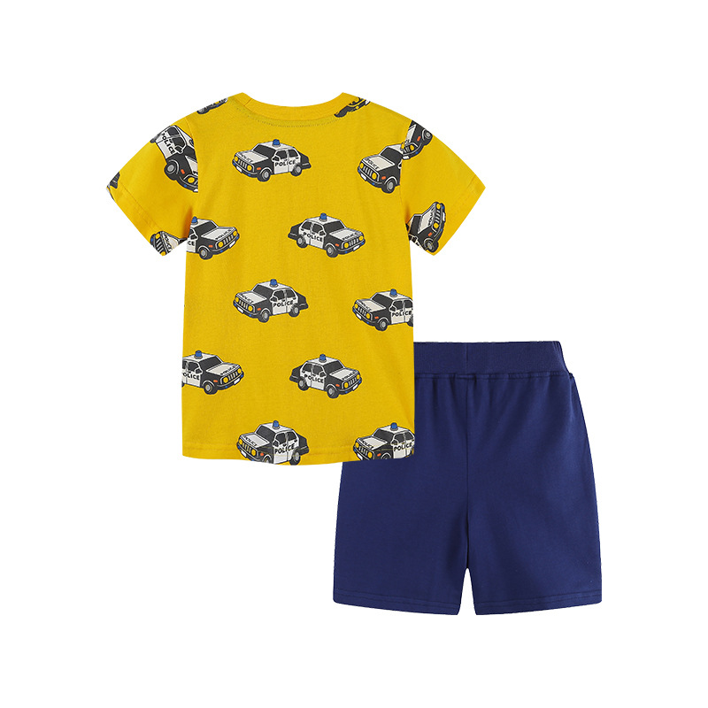 Conjunto de moda infantil estilo europeo y americano, 26 conjuntos de verano para niños, conjunto de manga corta con estampado de coches de dibujos animados, ropa infantil al por mayor.