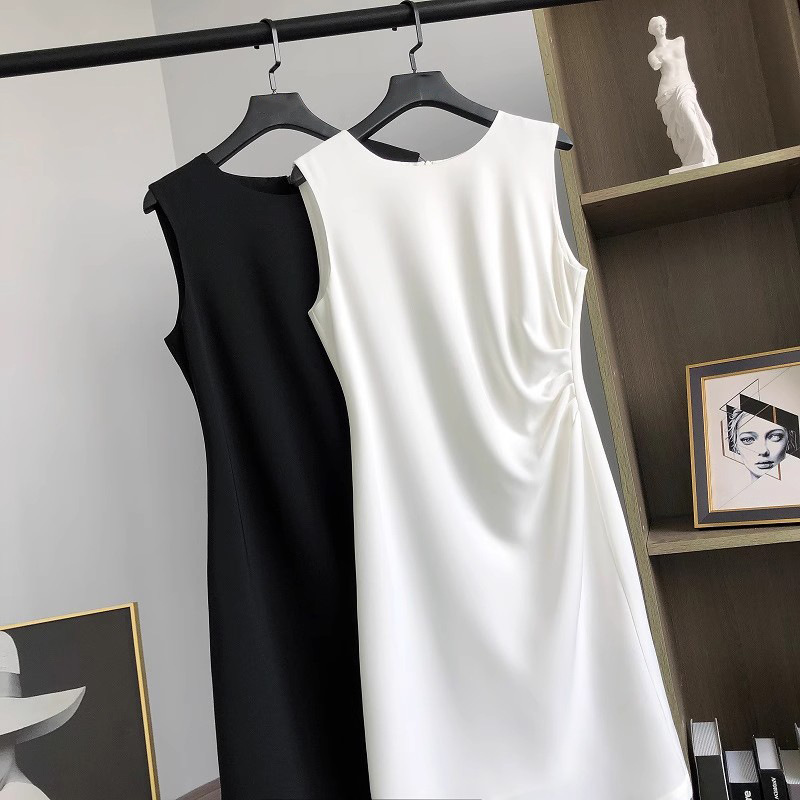 in stock Summer New Pleated Design Crewneck Mid-length Skirt Sleeveless OL Elegant Slimming dress Women in stock Summer New Pleated Design Crewneck Mid-length Skirt Sleeveless OL Elegant Slimming dress Women