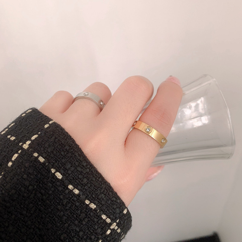 Fashion Round Titanium Steel Polishing Inlay Artificial Diamond Rings 1 Piece