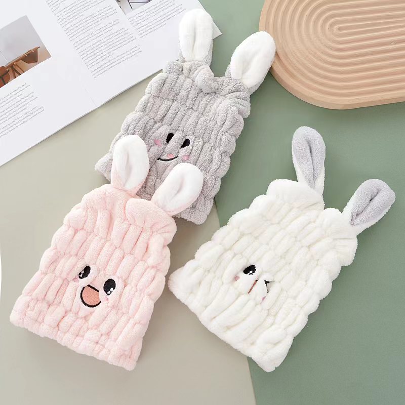 Cuffia per asciugare i capelli dei bambini in pile di corallo con orecchie di coniglio, morbida, spessa, assorbente e ad asciugatura rapida, ideale per baby shower e feste._voghion.com