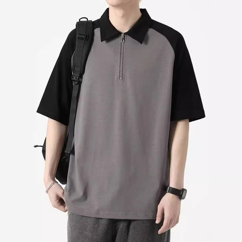 Summer 2025 Trend Collared Loose Short Sleeve Men's Fashion Colorblock Half Zip Polo Shirt Casual T-Shirt