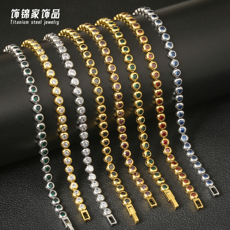 Titanium Steel Colorful Full Diamond Zircon Tennis Bracelet Green Light Luxury High-End European and American Hip-Hop Stainless Steel Bracelet European and American Titanium Steel Colorful Full Diamond Zircon Tennis Bracelet Green Light Luxury High-End European and American Hip-Hop Stainless Steel Bracelet European and American