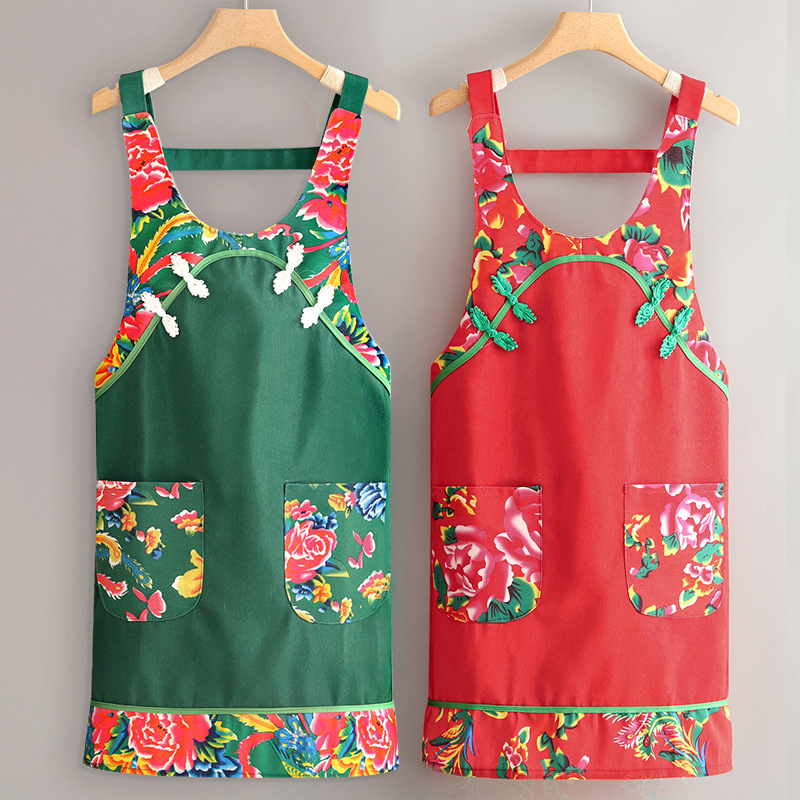 Ethnic canvas apron kitchen household anti-fouling cooking waist female catering special waiter work clothes printing