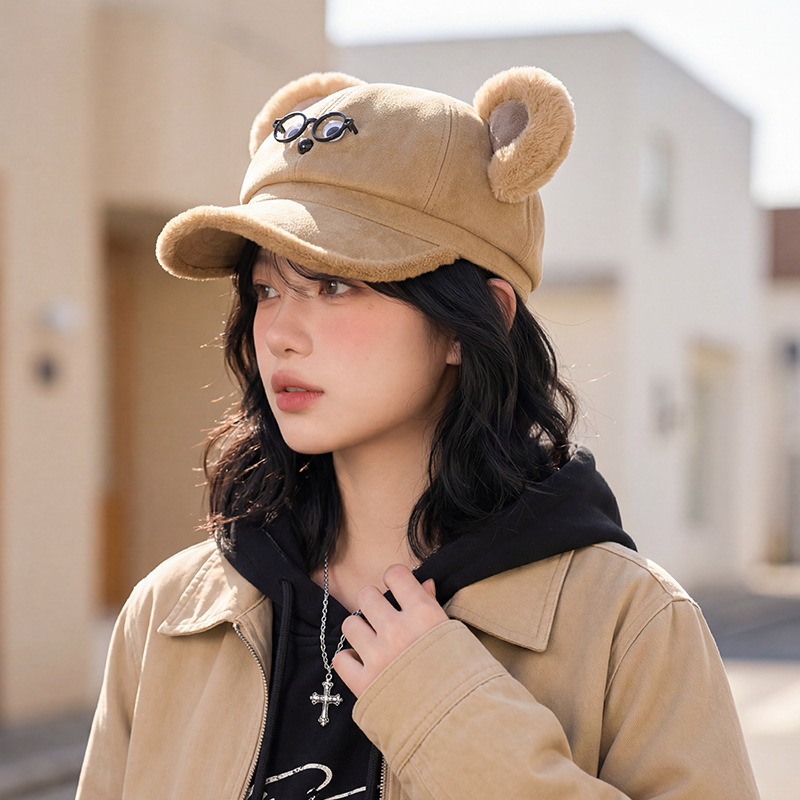 2026 nueva moda coreana dulce sombrero de viento osos de caricatura lindo sombrero de béisbol otoño invierno gorra de lengua de pato gruesa
