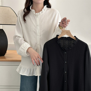 2025 Spring Large Size Lace Collar Shirt Women's Long Sleeve Ruffle Cardigan Fat Girl French Wrinkled Shirt 2503