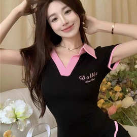 polo领短袖连衣裙女夏季新款收腰显瘦开叉设计感纯欲辣妹包臀短裙