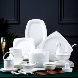 骨瓷碗碟餐具景德镇纯白釉下彩家用套装陶瓷白色碗盘子白瓷组合