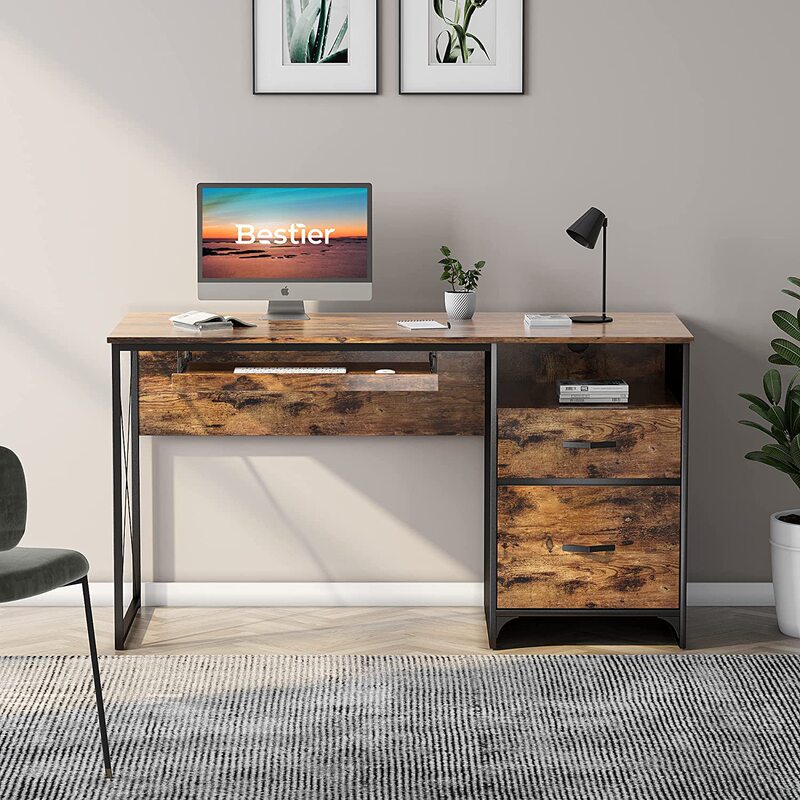 Industrial Desk with Storage Drawers Writing Study Computer Desk with Keyboard Tray, for Home Office