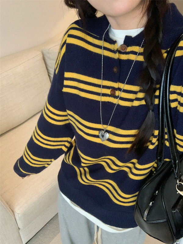 松弛感复古条纹宽松毛衣女秋季纽扣Polo领长袖百搭休闲针织衫上衣|undefined