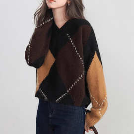 羊毛菱形格费尔岛毛衣女冬宽松慵懒高级感复古v领针织上衣