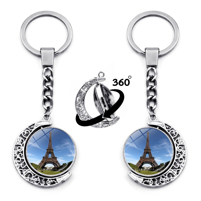 法国艺术建筑钥匙链挂件时光宝石埃菲尔铁塔双面旋转吊坠挂饰品