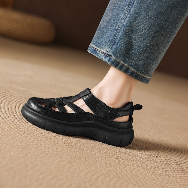 Sandal nữ đế dày da cừu phối quai ngang phong cách học đường — màu đen, màu trắng ngà chi tiết 75