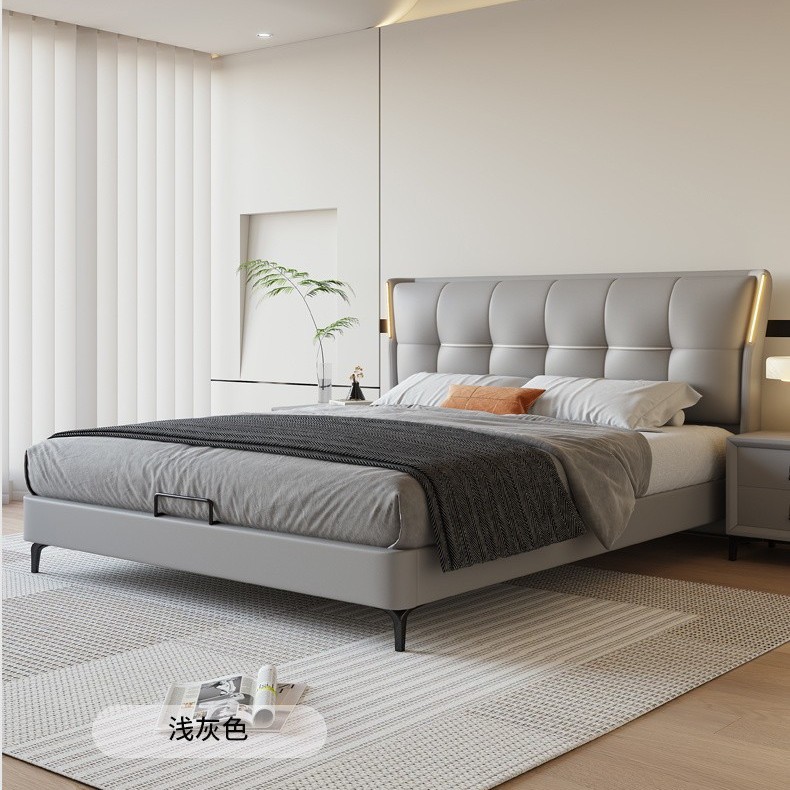 Cama de cuero auténtico, lujo ligero, 1.8 camas dobles, cama principal moderna, aproximadamente 1.5 camas.