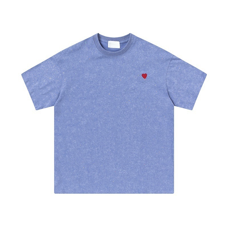 2025 夏のトレンディなブランド Am1 新しいウォッシュ加工ルーズ愛刺繍 Tシャツカジュアル男性と女性のラウンドネック半袖|undefined
