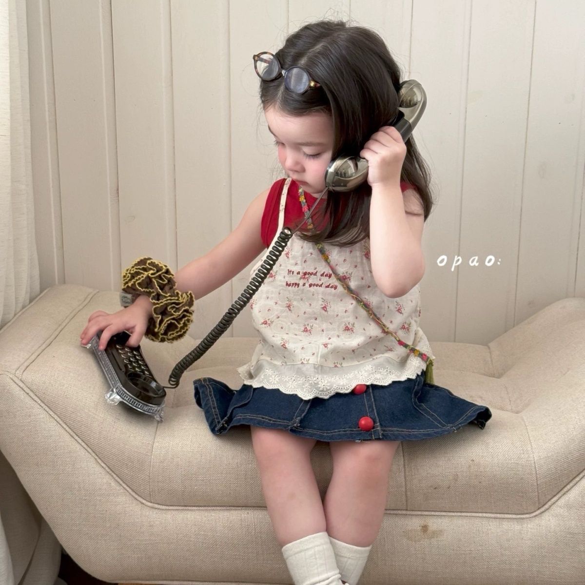 Girls Summer Suit, Korean Style High-End Style, Summer Floral Cute Baby Girl Suspender Skirt Three-Piece Set