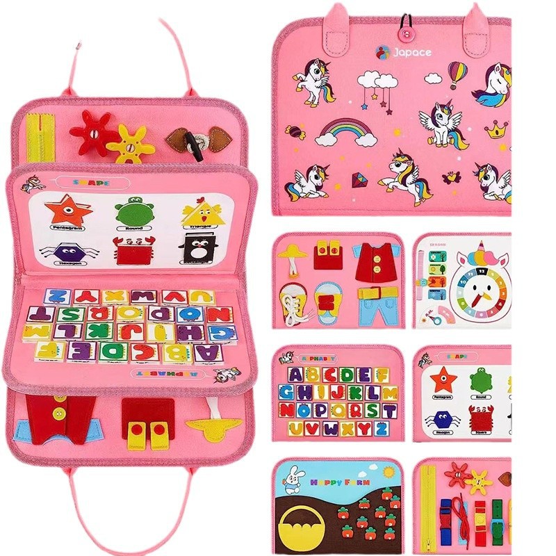 Venta al por mayor kindergarten Rosa ocupado tablero de juguete con manos hebilla de vestir varios estilos de fieltro tablero de aprendizaje de la iluminación