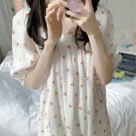 韩国ins女士夏季新韩系樱桃简约舒适花边睡衣休闲宽松睡裙家居服
