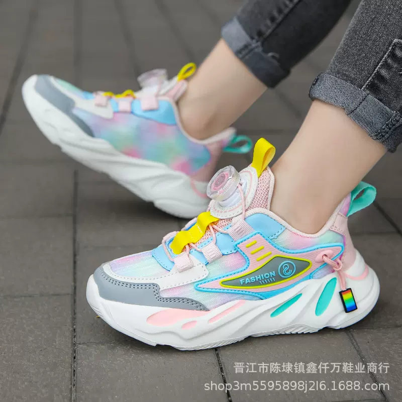 女童运动鞋2024春秋新款网面透气百搭纽扣跑步鞋中大童女孩休闲鞋