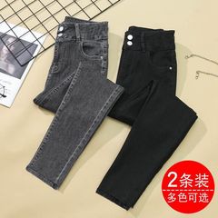 买一送一弹力紧身牛仔裤女小个子高腰双扣修身显瘦外穿铅笔小脚裤