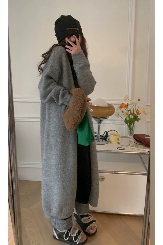 十三行奶呼呼杏色毛衣外套女秋冬宽松慵懒风小个子中长款针织开衫 pic 33