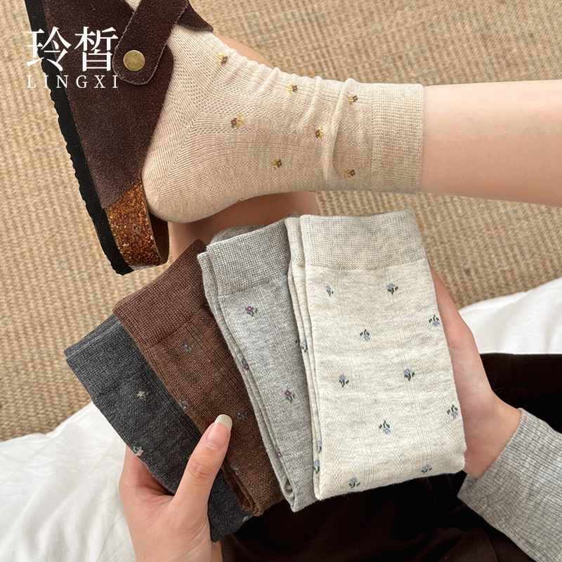 Women's Socks Korean Style Spring and Summer Vintage Mid-Calf Socks Ins Versatile Floral Women's Socks Slouchy Cotton Socks Zhuji Socks