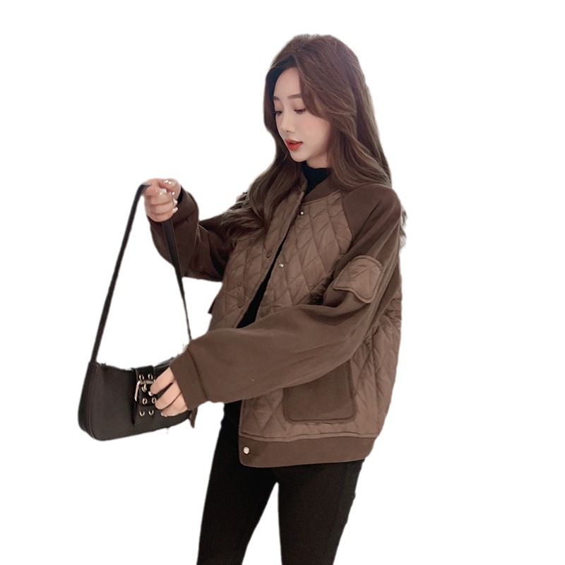 Ropa de algodón de empalme de diamante coreana para mujeres 2023 otoño y invierno nuevo abrigo de algodón caliente original de cuello redondo de diamante para mujeres