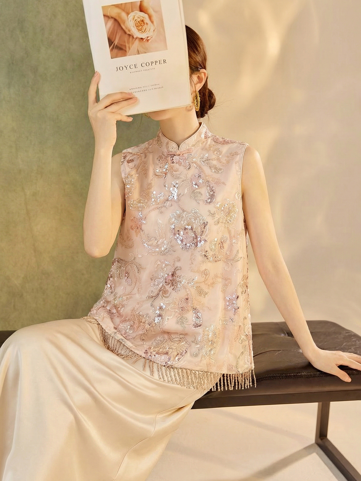 Áo gile nữ thêu sequin tua rua phong cách tân cổ điển xuân hè — xanh lam, màu mơ