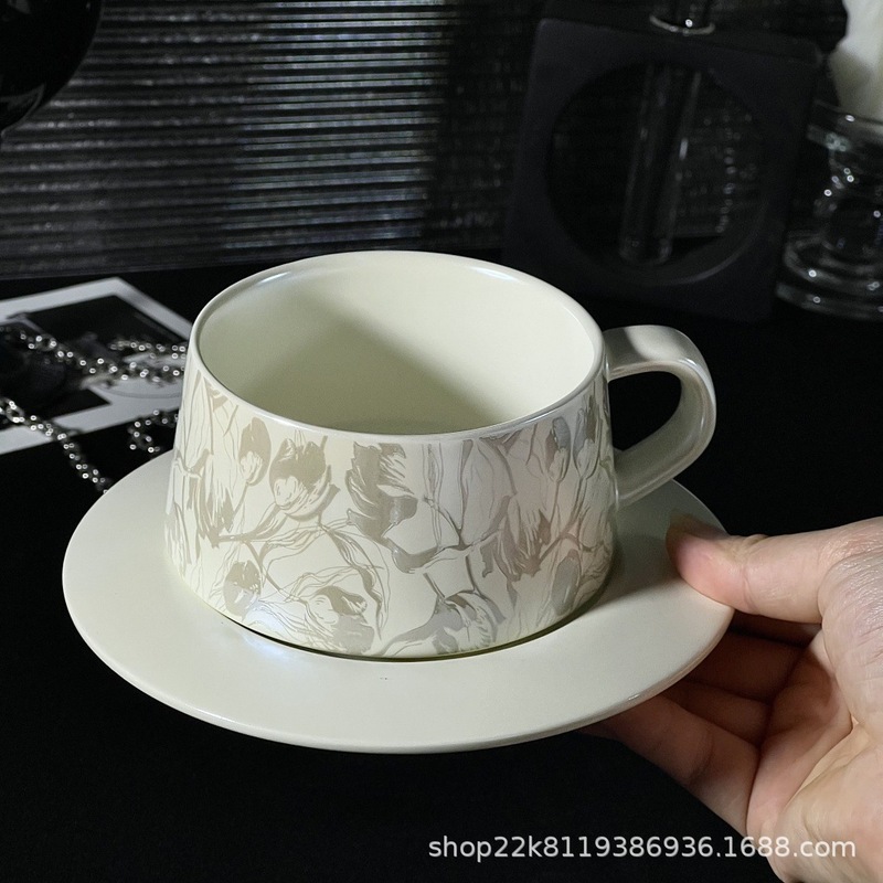 热卖中古风轻奢镀钛陶瓷咖啡杯碟银鹦繁花花面时尚INS风简约|undefined