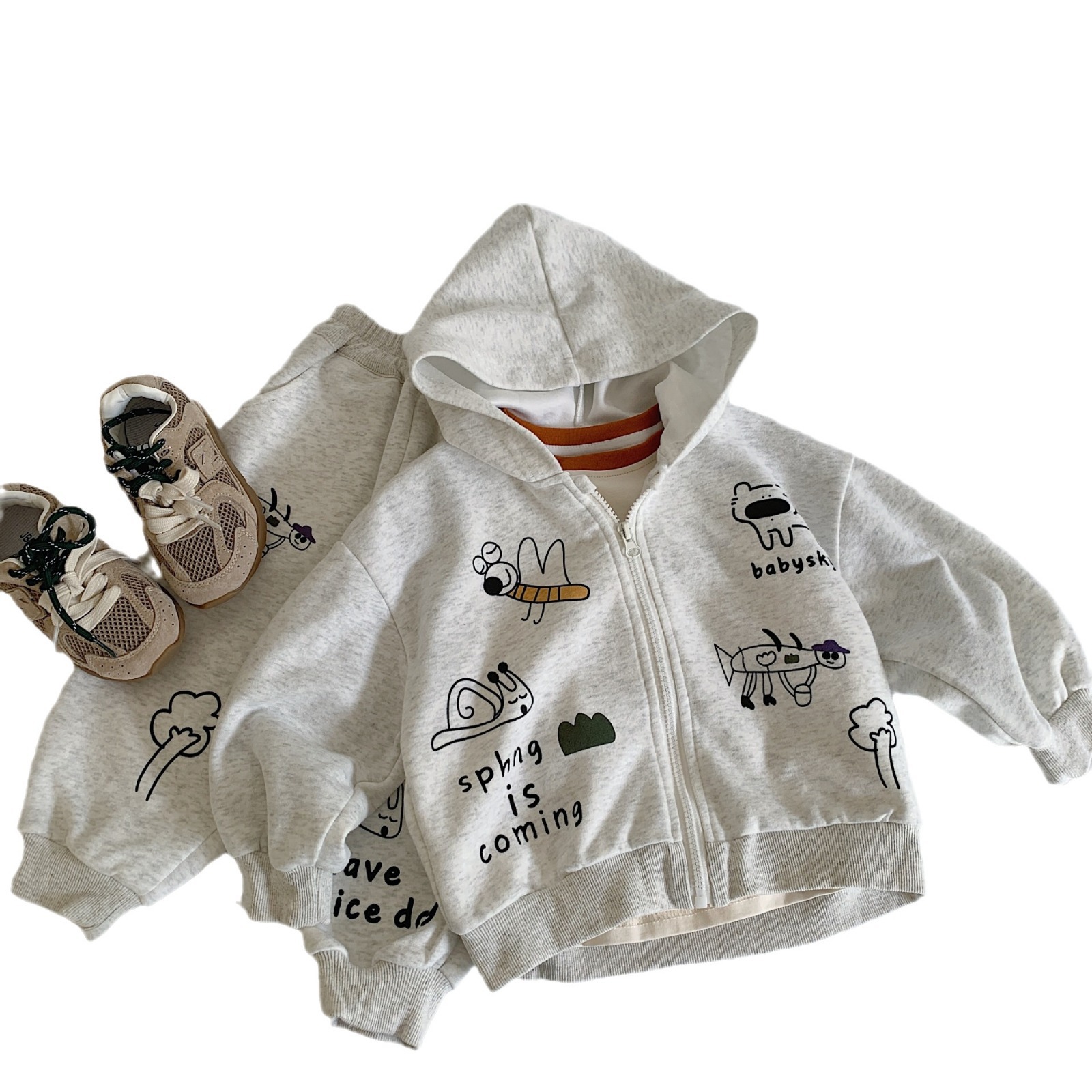 Traje para niños Maibao 2025 primavera y otoño nuevo producto chaqueta de punto con capucha para niños pantalones casuales estilo occidental traje coreano de dos piezas