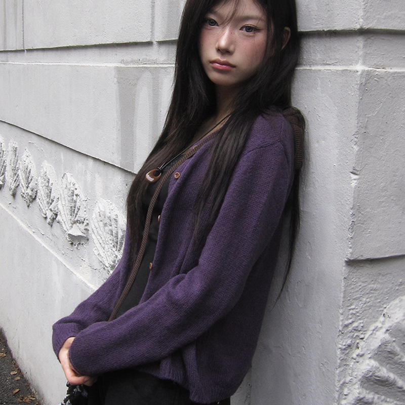 mo*di*mood25早秋紫色韩国东大门毛衣开衫女千禧年复古外套上衣女|undefined