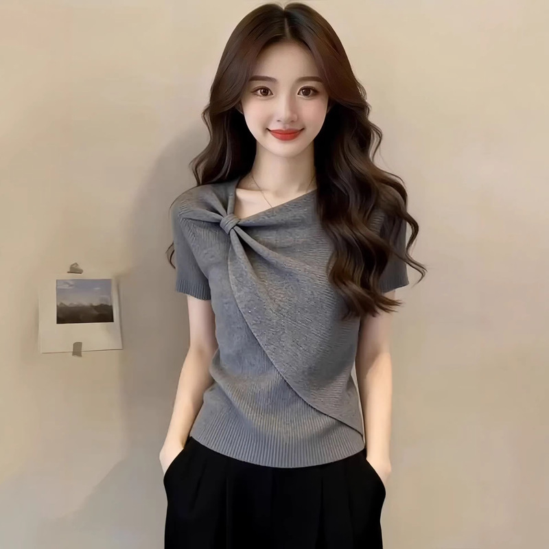 Short-Sleeved T-Shirt for Women, 2026 Hot-Selling Summer New Style, Shoulder-Twist Knitted Top, Stunningly Beautiful Short Top