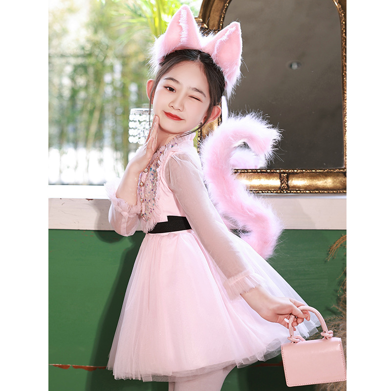 六一儿童节粉色猫咪狐狸演出服装女童生日派对装扮公主裙