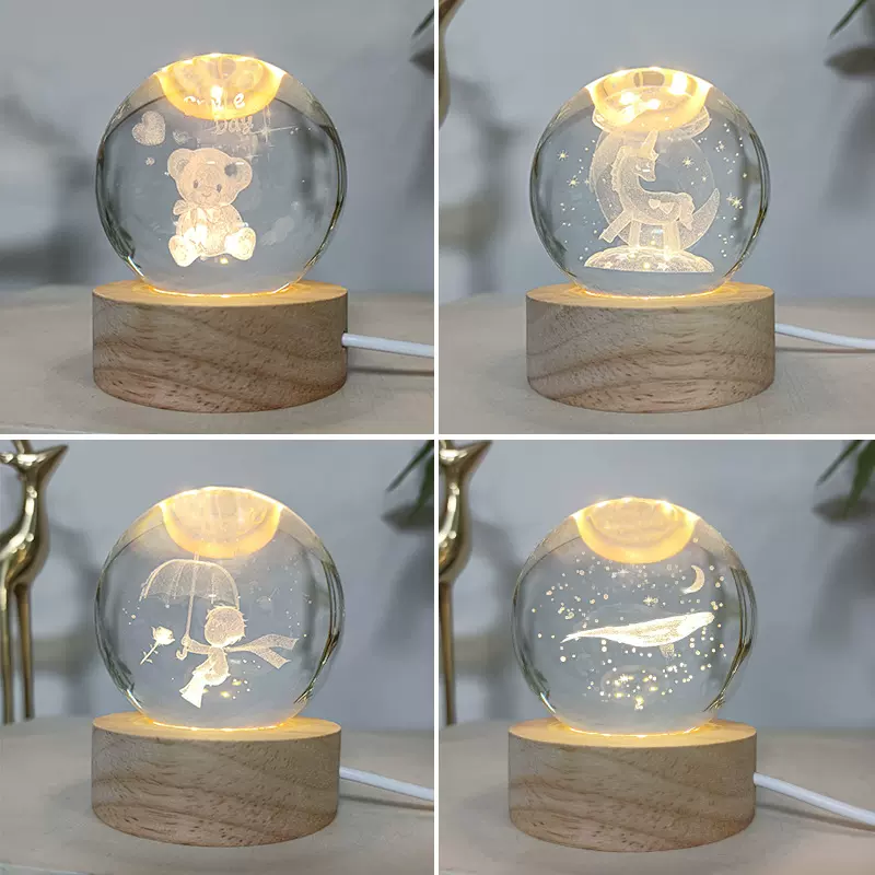 创意发光水晶台灯led装饰床头灯USB插电小夜灯精致实木小礼品批发