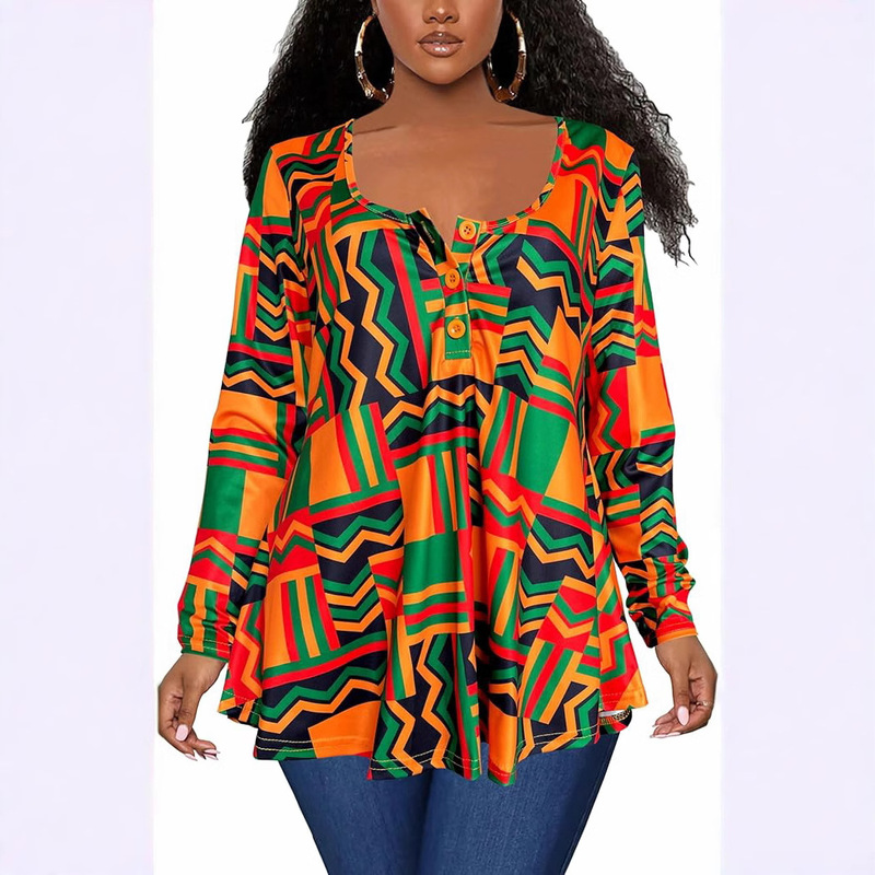 2025 African Explosions Long Sleeve Henry Shirt T-shirt Buckle Loose Top Low Crewneck Daxiji Shirt