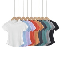 歐美辣妹女裝插肩短袖T恤女新款基礎款圓領顯瘦收腰上衣