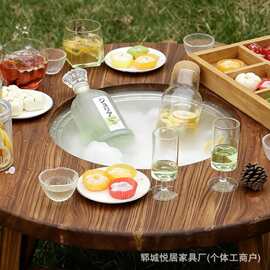 中式老榆木冰茶桌家用夏天下午茶冰饮水果桌实木聚餐圆形风化桌
