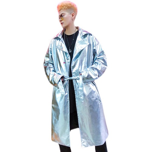 Youth gold silver pu leather jazz dance long coats singers rapper street hiphop dance shirts punk rock music production coats for man male long hip-hop in nightclubs tide overcoat